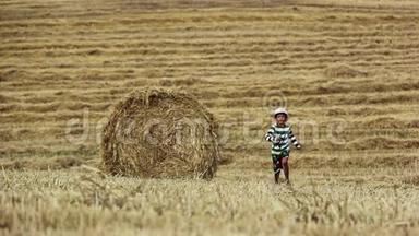 男孩跑在黄色的田野里，男孩跑在割草的田野里，男孩跑在稻草里